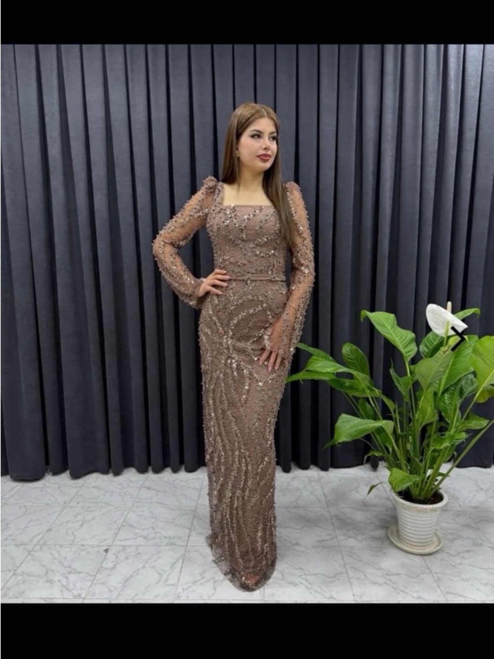Elegant Sequined Long-Sleeve Brown Evening Gown